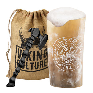 Viking Culture Horn Mead Cup - Authentic Medieval and Nordic-Inspired Drinking Vessel - Handmade Goblet for Wine, Beer, Ale - Safe and Unique Drink Tumbler Gift with Axe Bottle Opener and Burlap Bag - Polished Finish | Compass/Vegvisir