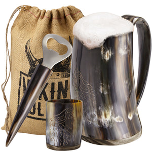 Viking Culture Ox Horn Mug, Shot Glass, and Bottle Opener (3 Pc. Set) 16-oz. Custom Intricate Design - Polished Finish