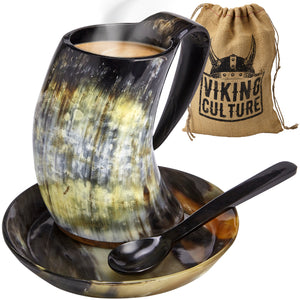 Viking Culture Coffee Horn Mug with Spoon, Plate and Bag, 3 Pc Set,Horned Handle with Rustic Natural Finish,Safely Holds Hot and Cold