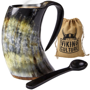 Viking Culture Coffee Horn Mug with Spoon and Bag, 2 Pc Set,Horned Handle with Rustic Natural Finish,Safely Holds Hot and Cold
