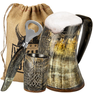 Viking Culture Ox Horn Mug, Shot Glass, and Bottle Opener (3 Pc. Set) Authentic 16-oz. Custom Intricate Design - Natural Finish