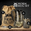 Viking Culture Ox Horn Mug, Shot Glass, and Bottle Opener (3 Pc. Set) Authentic 16-oz. Custom Intricate Design - Natural Finish