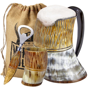 Viking Culture Ox Horn Mug, Shot Glass, and Bottle Opener (3 Pc. Set) Authentic 16-oz. Beer Tankard | Vintage Stein with Handle, The Jarl