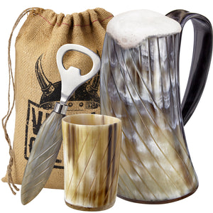 Viking Culture Ox Horn Mug, Shot Glass, and Bottle Opener (3 Pc. Set) 16-oz Vintage Stein with Handle | Polished Finish | Diagonal Stripes