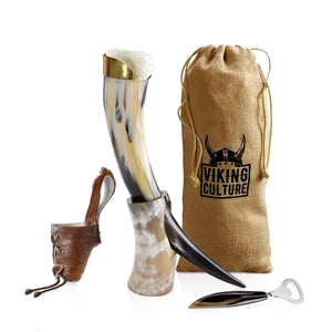 Viking Culture 16 oz. Viking Horn Mug with Beer Opener, Stand, Genuine Fur Belt Holster and Vintage Burlap Bag, Polished Finished