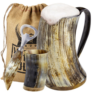 Viking Culture Ox Horn Mug, Shot Glass, and Bottle Opener (3 Pc. Set) Authentic 16-oz. Ale, Mead, and Beer Tankard | Vintage Stein with Handle | Natural Finish | Without Design