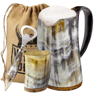 Viking Culture Ox Horn Mug, Shot Glass, and Bottle Opener (3 Pc. Set) 16-oz. Custom Intricate Design - Polished Finish