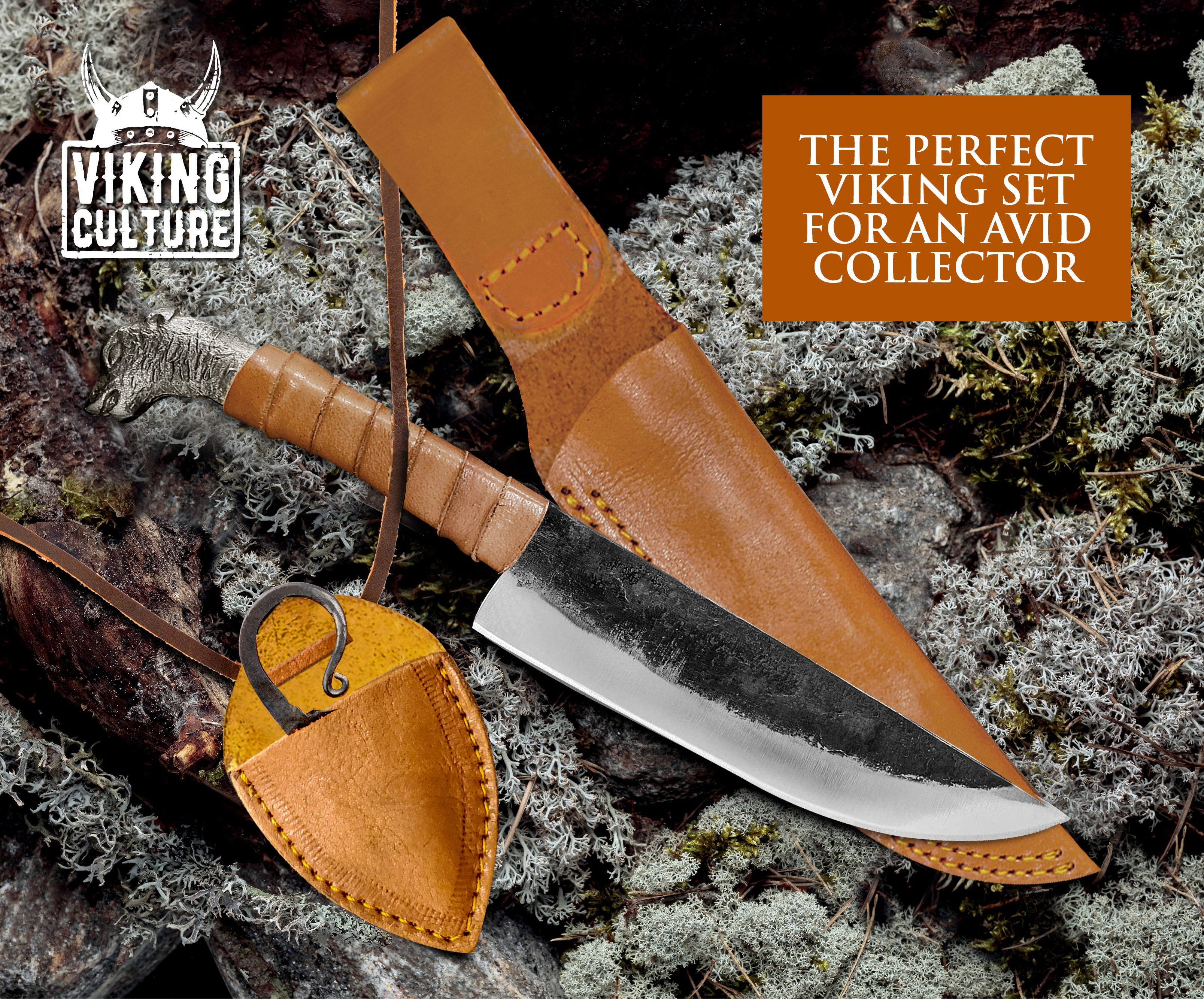 Viking Culture 2-Piece Viking knife Set - 10.3" Wolf-Head Viking Knife with 6.5" Blade & Leather Sheath - 3" Celtic Pocket Knife with Necklace Case - Sharp Hand-Forged Real Carbon Steel