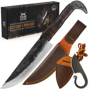 Viking Culture 2-Piece Viking Knife Set - 10.3" Raven-Head Viking Knife with 6.5" Blade & Leather Sheath - 3" Celtic Pocket Knife with Necklace Case - Sharp Hand-Forged Real Carbon Steel