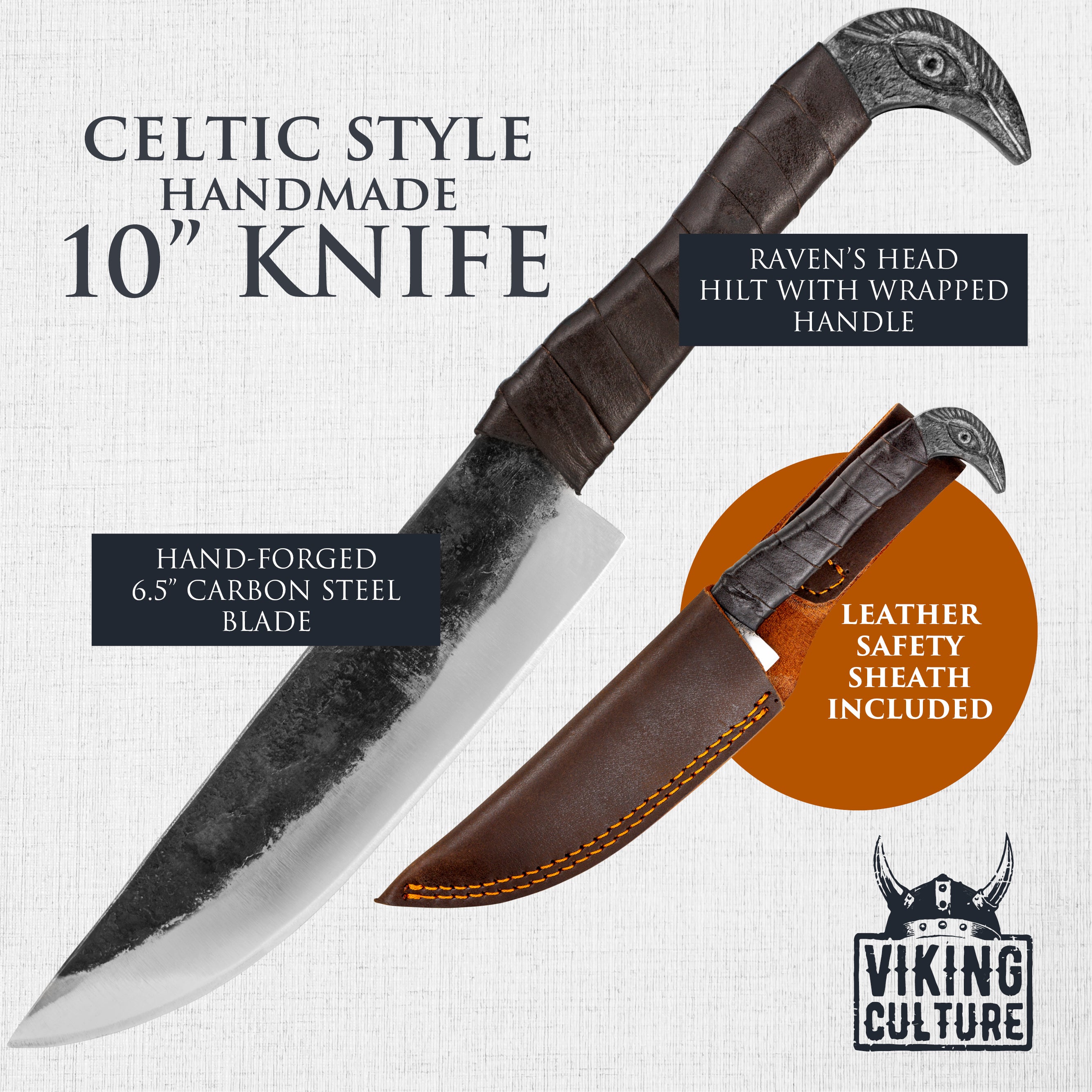 Viking Culture 2-Piece Viking Knife Set - 10.3" Raven-Head Viking Knife with 6.5" Blade & Leather Sheath - 3" Celtic Pocket Knife with Necklace Case - Sharp Hand-Forged Real Carbon Steel