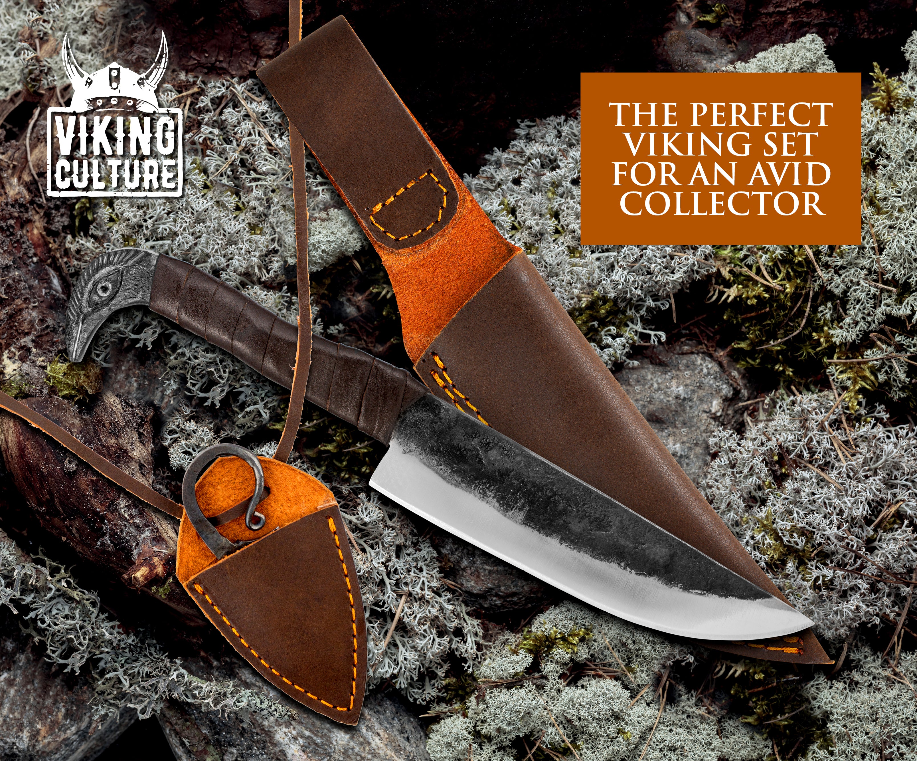 Viking Culture 2-Piece Viking Knife Set - 10.3" Raven-Head Viking Knife with 6.5" Blade & Leather Sheath - 3" Celtic Pocket Knife with Necklace Case - Sharp Hand-Forged Real Carbon Steel