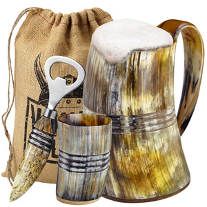 Viking Culture Ox Horn Mug, Shot Glass, and Bottle Opener (3 Pc. Set)  16-oz. Custom Intricate Design - Natural Finish | The Ring