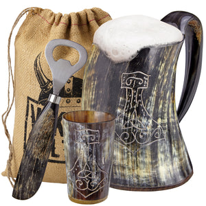 Viking Culture Ox Horn Mug, Shot Glass, and Bottle Opener (3 Pc. Set) 16-oz. Custom Intricate Design - Natural Finish | Thors Hammer