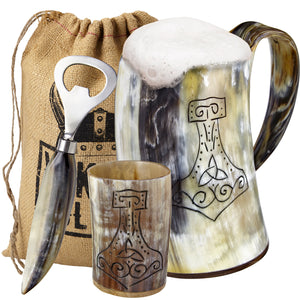 Viking Culture Ox Horn Mug, Shot Glass, and Bottle Opener (3 Pc. Set) 16-oz. Vintage Stein with Handle, Polished Finish Thors Hammer