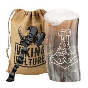Viking Culture Horn Mead Cup - Authentic Medieval and Nordic-Inspired Drinking Vessel - Handmade Goblet for Wine, Beer, Ale - Safe and Unique Drink Tumbler Gift with Axe Bottle Opener and Burlap Bag - Polished Finish | Thors Hammer
