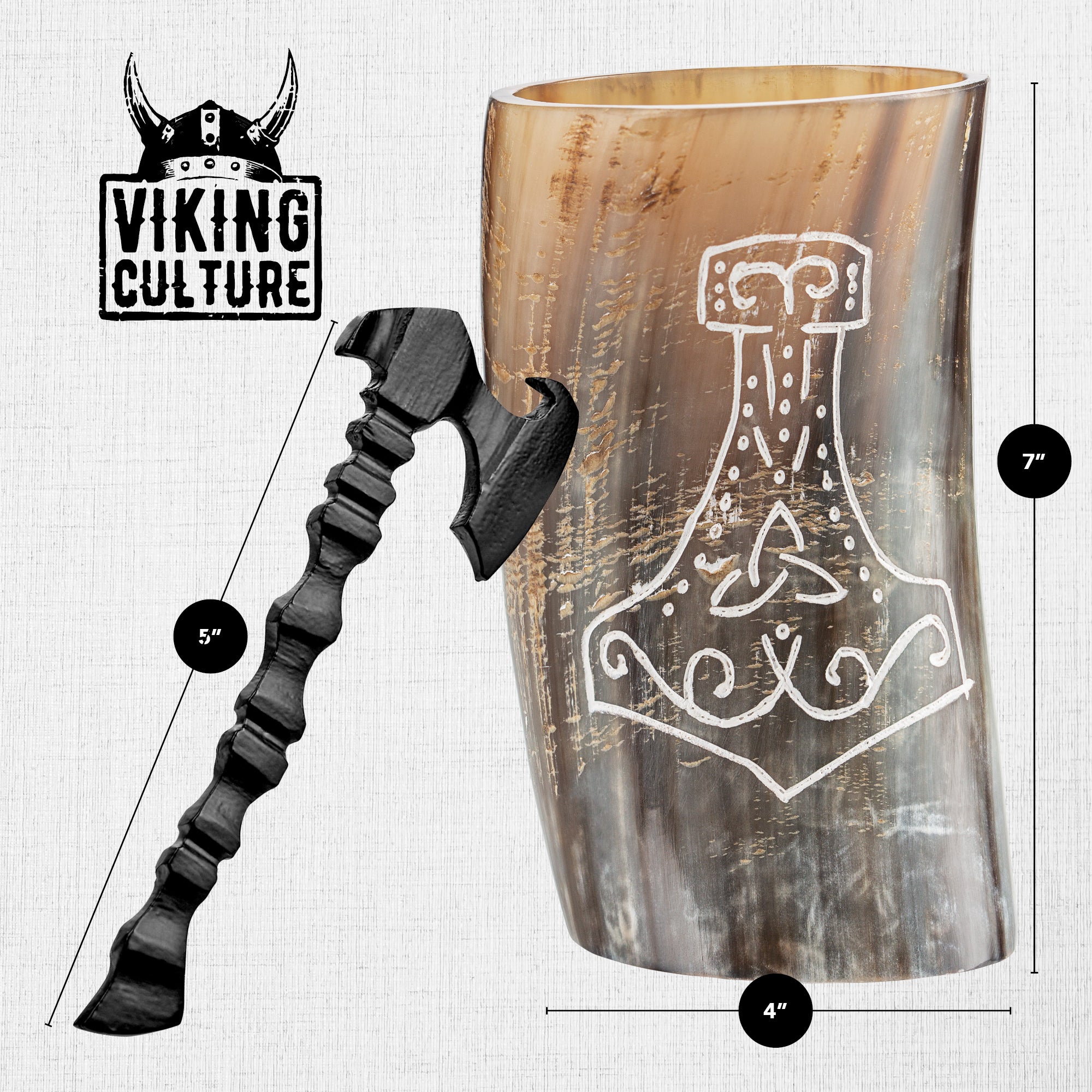 Viking Culture Horn Mead Cup - Authentic Medieval and Nordic-Inspired Drinking Vessel - Handmade Goblet for Wine, Beer, Ale - Safe and Unique Drink Tumbler Gift with Axe Bottle Opener and Burlap Bag - Polished Finish | Thors Hammer