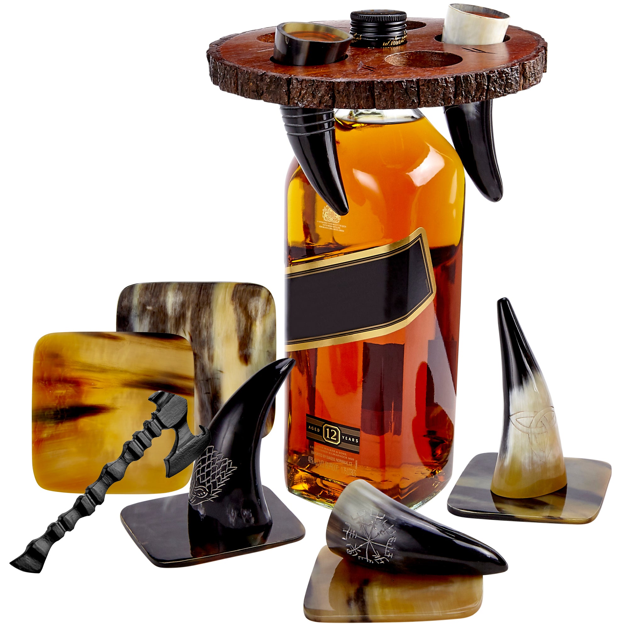 Viking Culture Viking Horn Drinking Cup Shot Glasses with Vintage Axe Bottle Opener, Coasters, and Rustic Wood Display Stand, Toasting Vessels for Party, Event, Bachelors