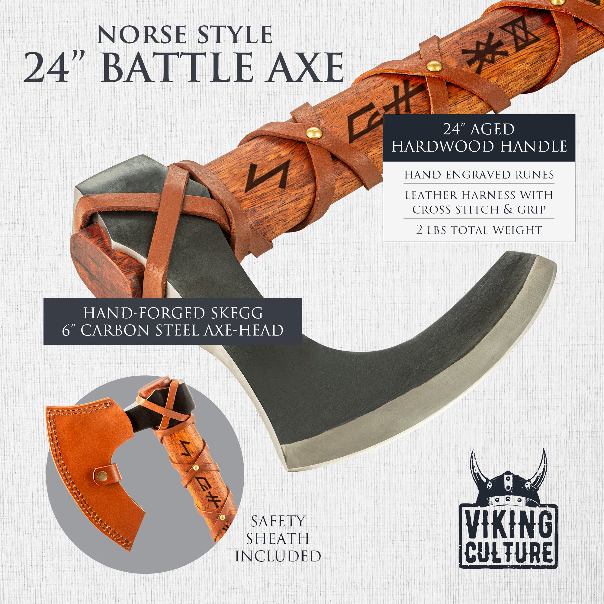 Viking Culture Viking Battle Axe | Hand-Engraved Runes and Celtic Ring Knife, The Skeggøx Set | Authentic Hand-Forged | Hardened Blades with Genuine Leather Sheath and Pouch