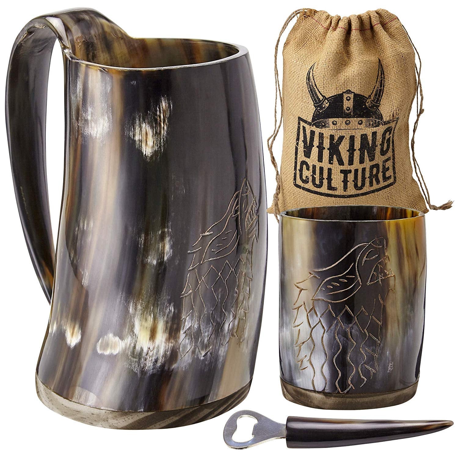 Viking Culture Ox Horn Mug, Shot Glass, and Bottle Opener (3 Pc. Set) 16-oz. Custom Intricate Design - Polished Finish