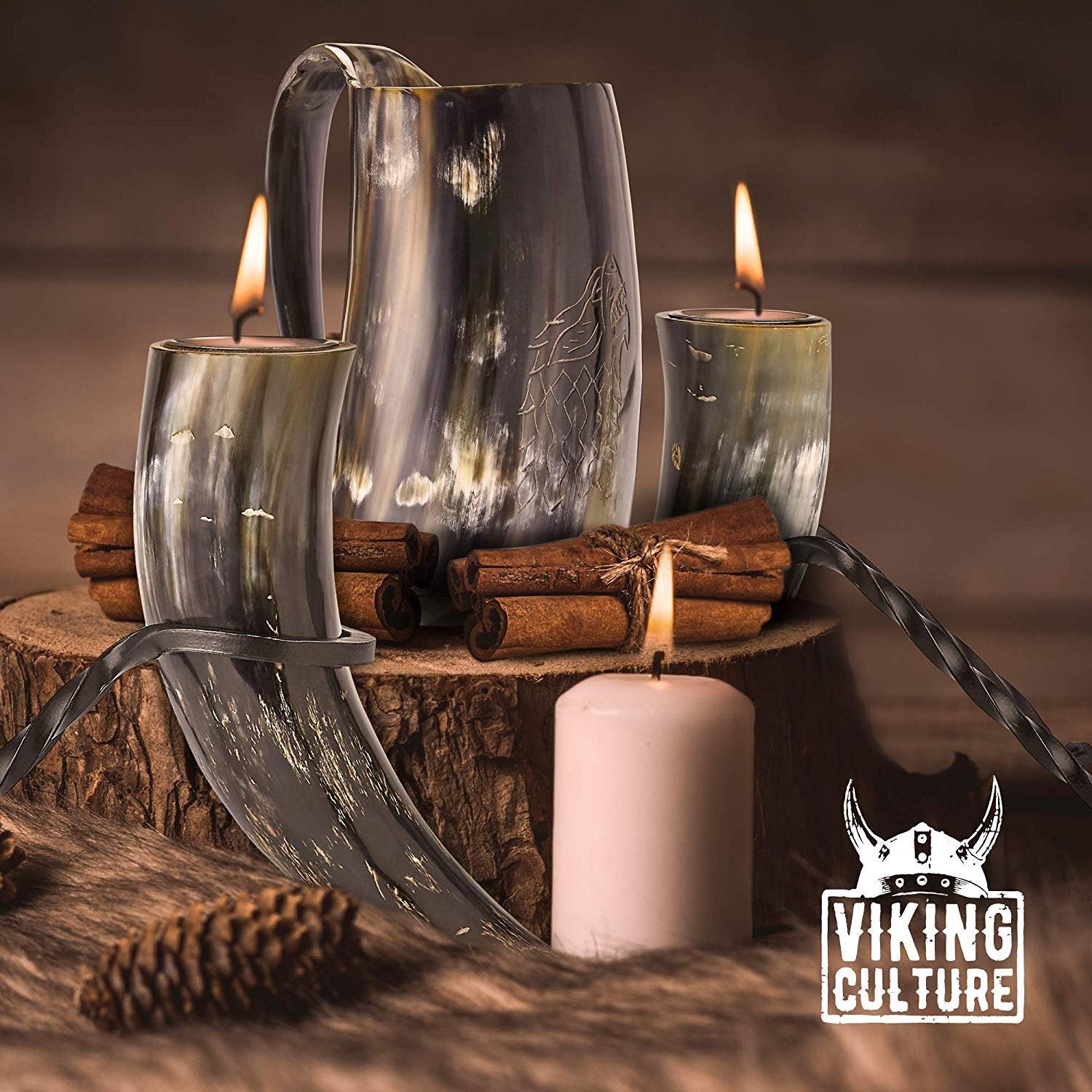 Viking Culture Horn Tealight Candle Holder Set with Wrought Iron