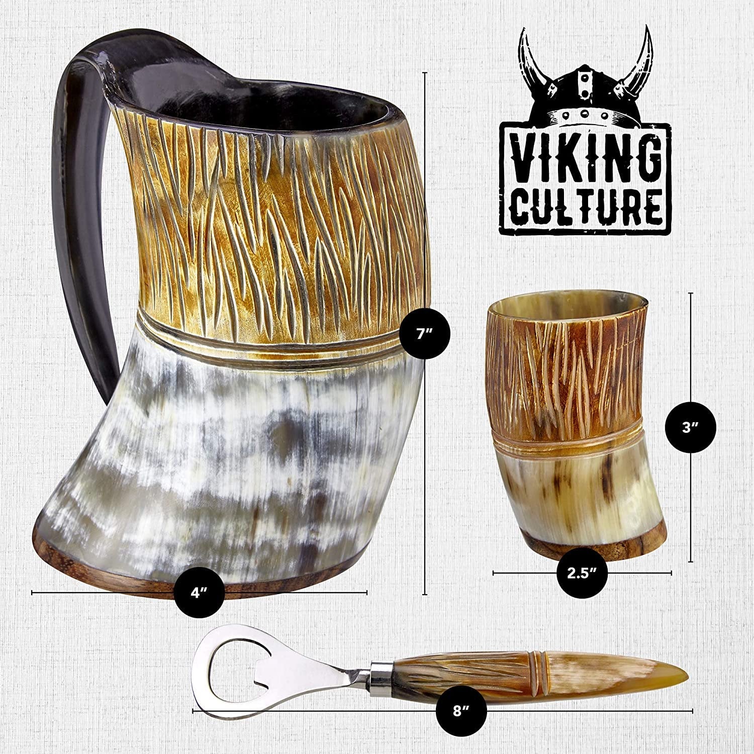 Viking Culture Ox Horn Mug, Shot Glass, and Bottle Opener (3 Pc. Set) Authentic 16-oz. Beer Tankard | Vintage Stein with Handle, The Jarl