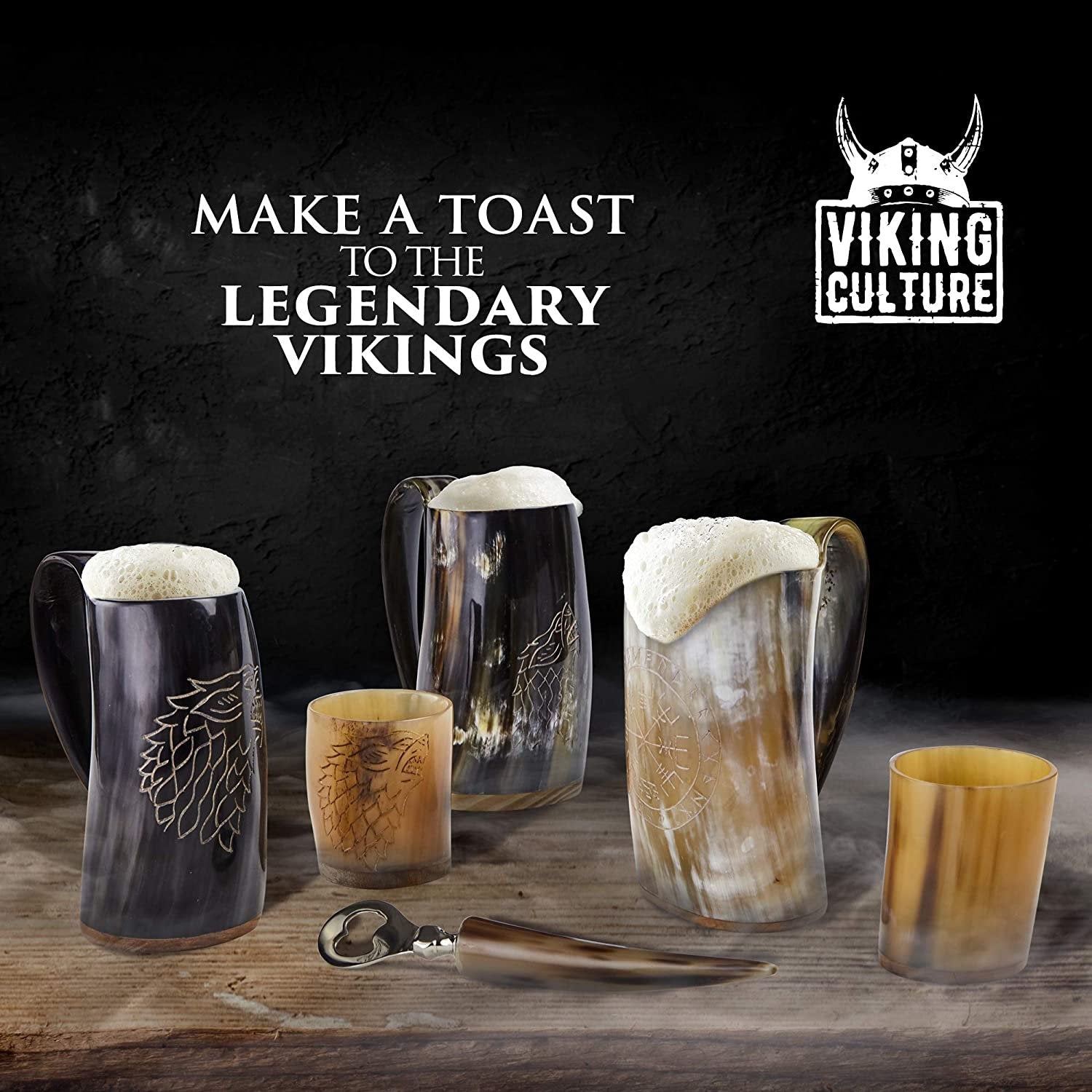 Viking Culture Ox Horn Mug, Shot Glass, and Bottle Opener (3 Pc. Set)  16-oz. Custom Intricate Design - Natural Finish | The Ring