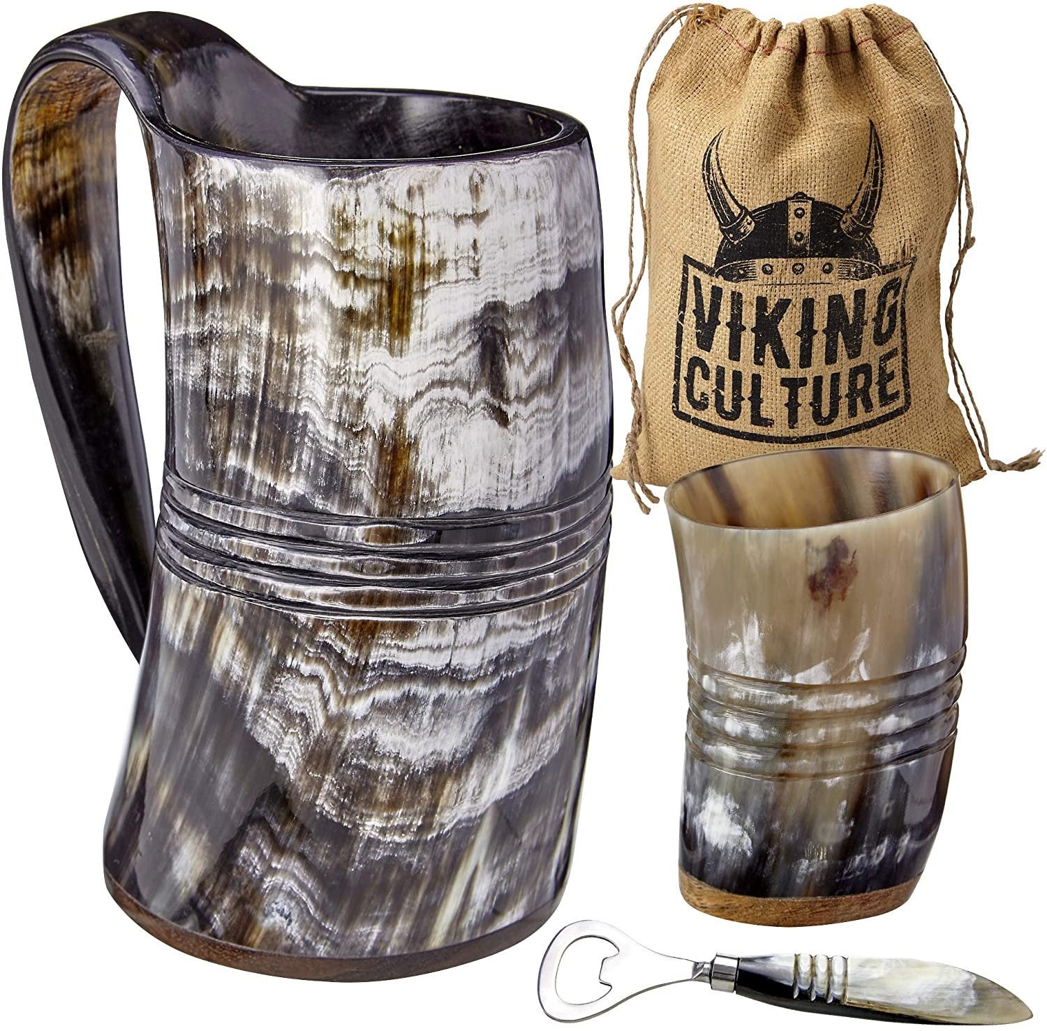 Viking Culture Ox Horn Mug, Shot Glass, and Bottle Opener (3 Pc. Set) 16-oz. Custom Intricate Design - Polished Finish | The Ring
