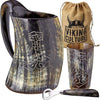 Viking Culture Ox Horn Mug, Shot Glass, and Bottle Opener (3 Pc. Set) 16-oz. Custom Intricate Design - Natural Finish | Thors Hammer