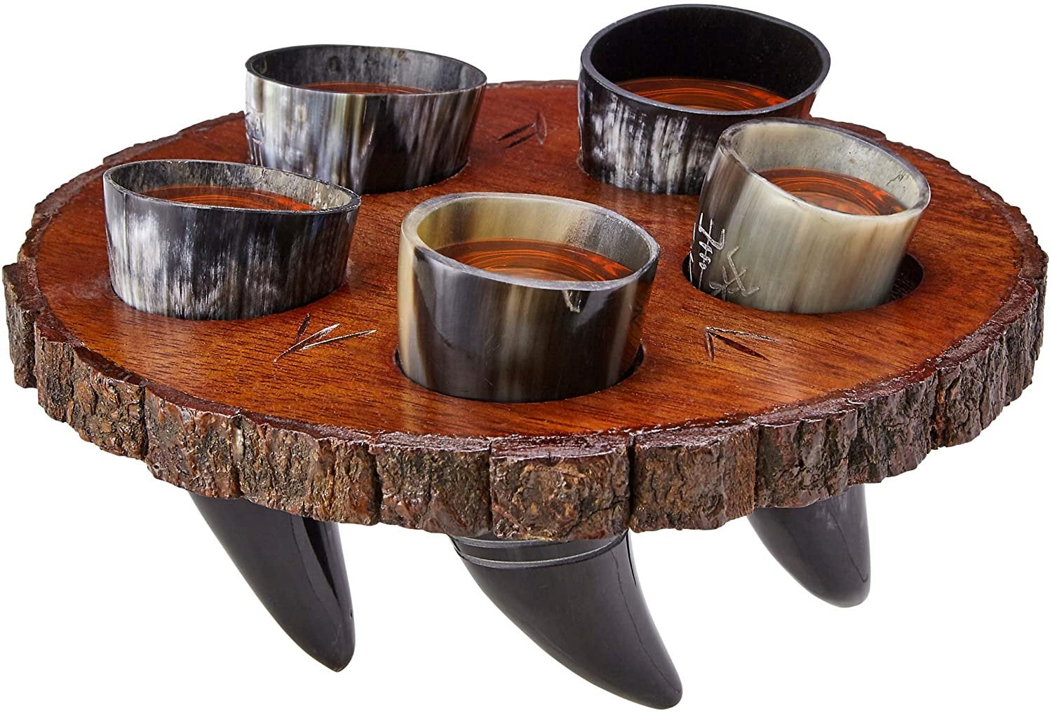 Viking Culture Viking Horn Drinking Cup Shot Glasses with Vintage Axe Bottle Opener, Coasters, and Rustic Wood Display Stand, Toasting Vessels for Party, Event, Bachelors