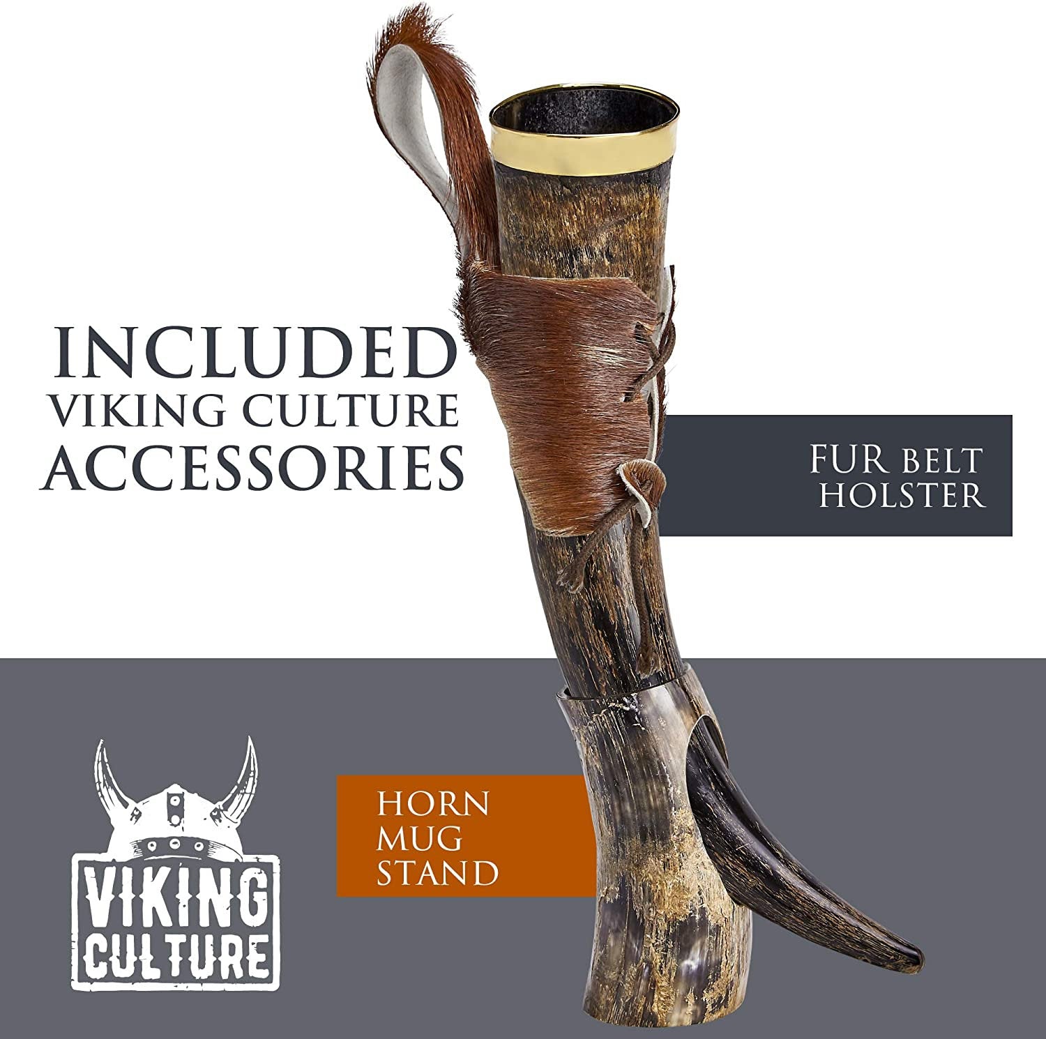Viking Culture 16 oz. Viking Horn Mug with Beer Opener, Stand, Genuine Fur Belt Holster and Vintage Burlap Bag, Natural Finished