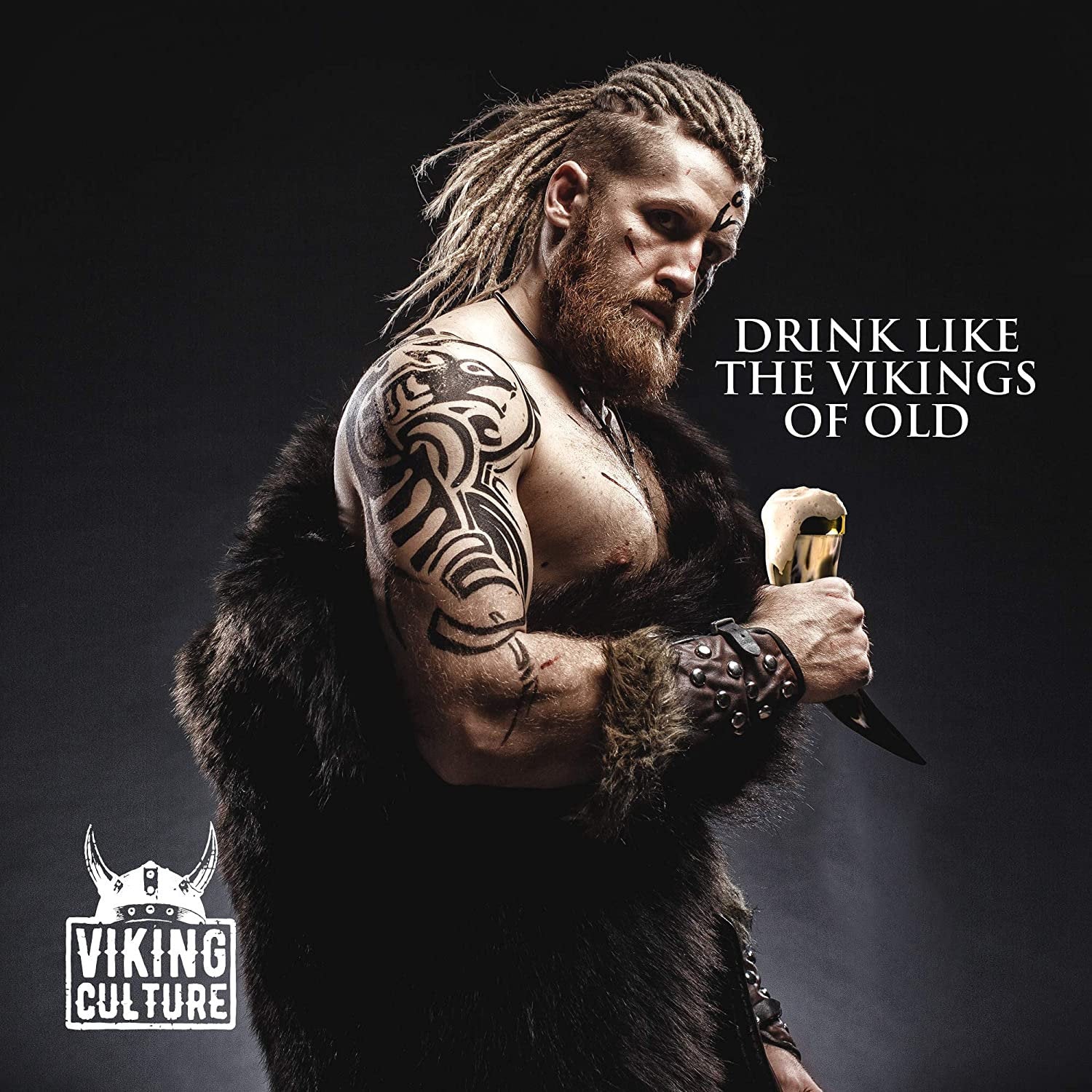Viking Culture 16 oz. Viking Horn Mug with Beer Opener, Stand, Genuine Fur Belt Holster and Vintage Burlap Bag, Natural Finished