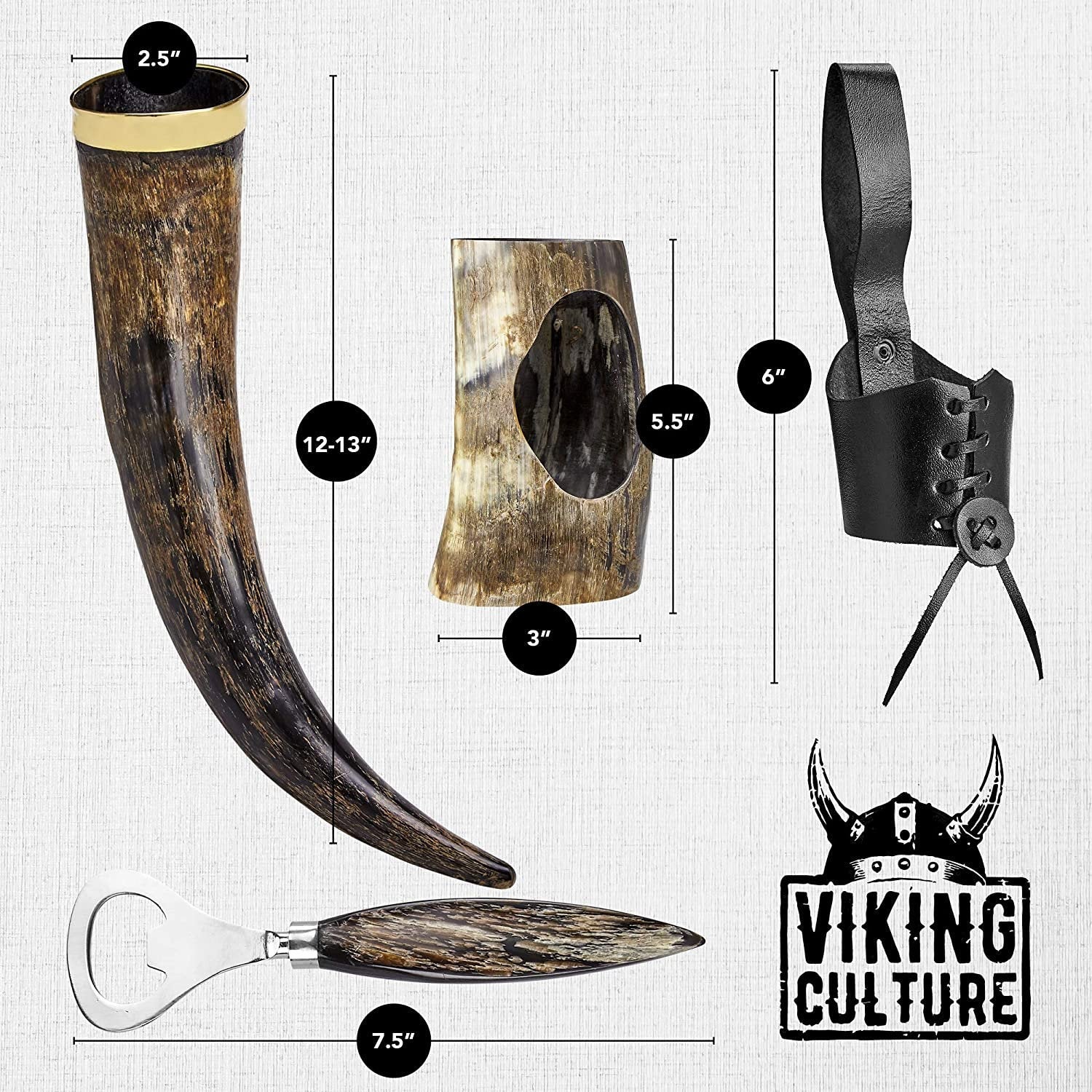 Viking Culture 16 oz. Viking Horn Mug with Beer Opener, Stand, Genuine Leather Belt Holster and Vintage Burlap Bag, Natural Finished