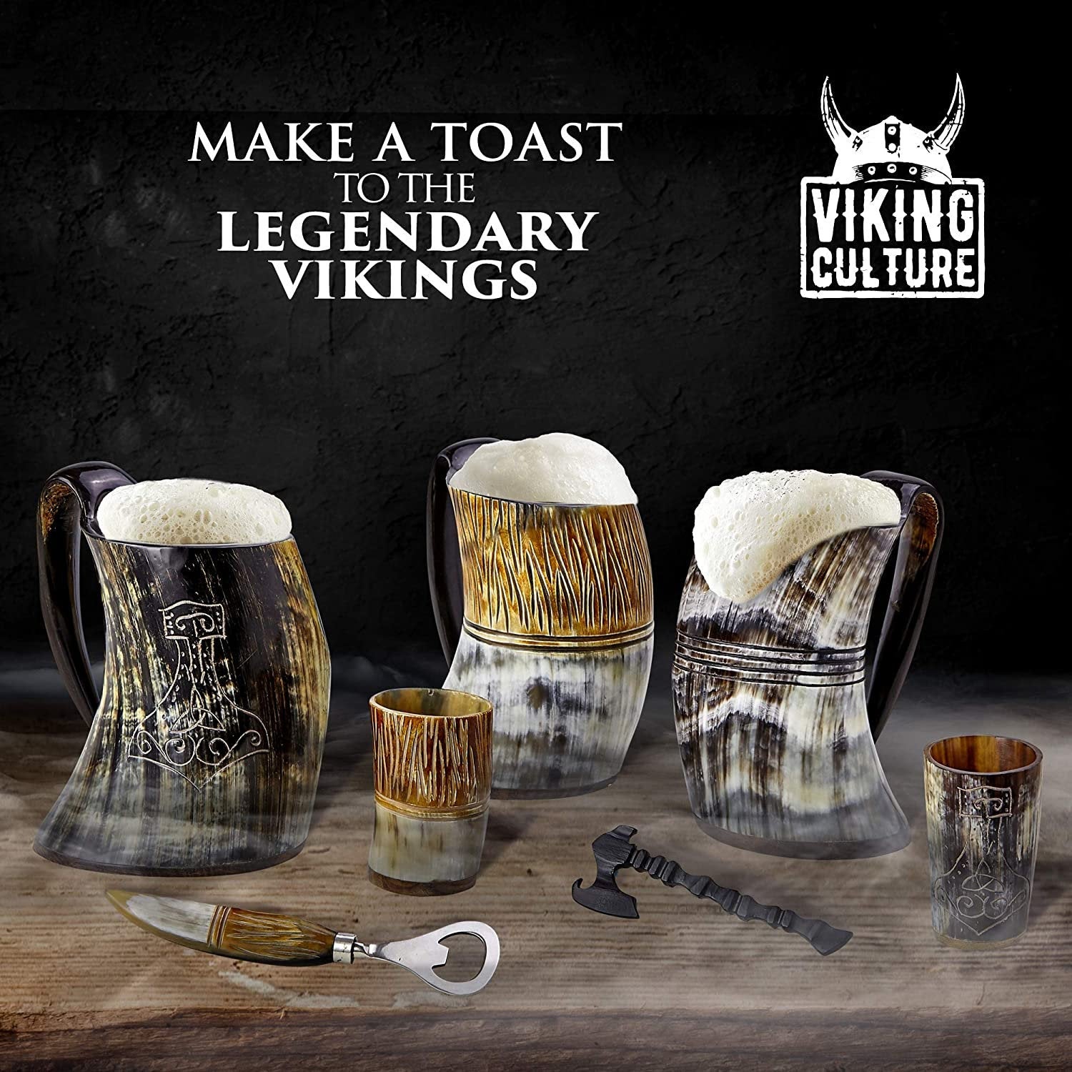 Viking Culture Ox Horn Mug, Shot Glass, and Bottle Opener (3 Pc. Set) Authentic 16-oz. Beer Tankard | Vintage Stein with Handle, The Jarl