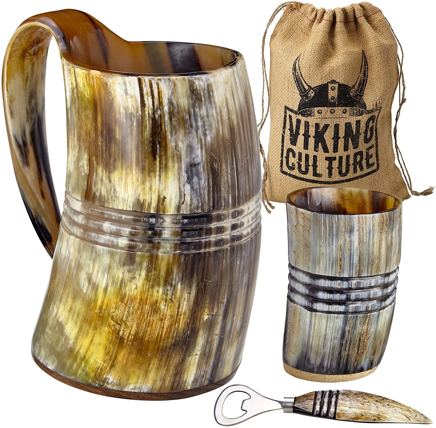Viking Culture Ox Horn Mug, Shot Glass, and Bottle Opener (3 Pc. Set)  16-oz. Custom Intricate Design - Natural Finish | The Ring