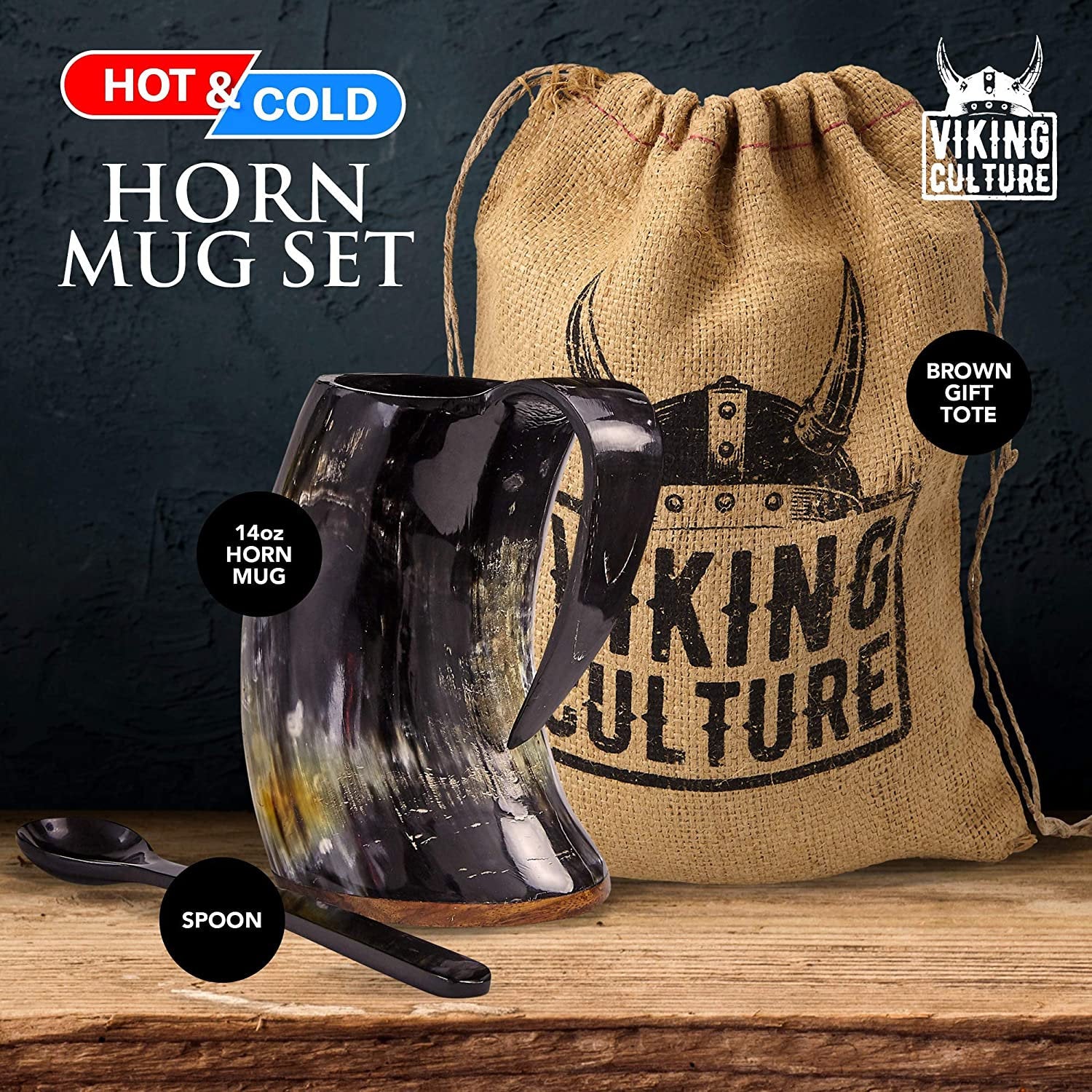 Viking Culture Coffee Horn Mug with Spoon and Bag, 2 Pc Set,Horned Handle with Rustic Natural Finish,Safely Holds Hot and Cold