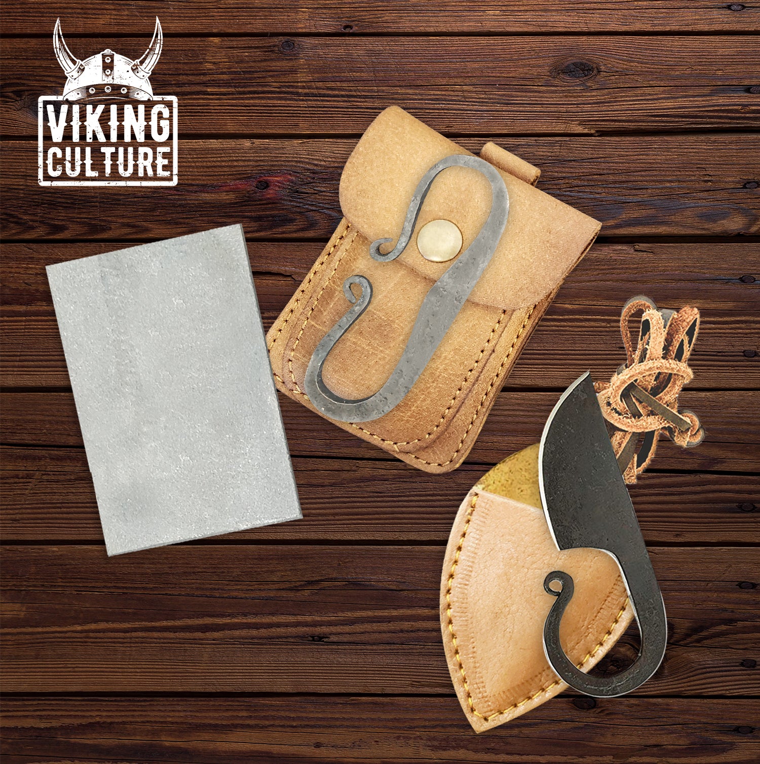 Viking Culture Fire Starter with Survival Knife and Sharpening Stone – 3Pcs Viking Set with 4” Celtic Pocket Knife – Genuine Leather Pocket for Safe Keeping – Premium Craftsmanship